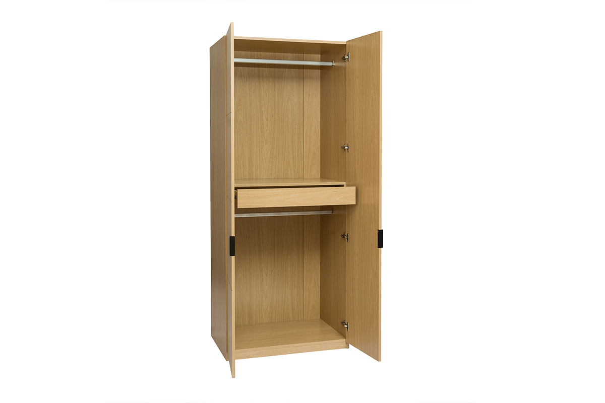 Armoire dressing bois ch�ne, 2 portes ouvertes, 2 tringles, tiroir central.
