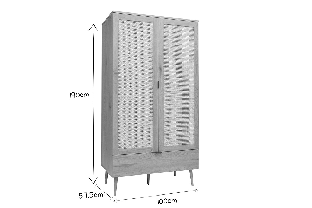 Armoire finition bois clair, cannage en rotin et m�tal noir L100 cm MANILLE