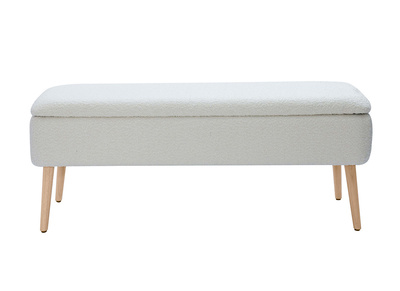Banc coffre effet laine boucl&eacute;e blanc et bois clair massif L120 cm LARS