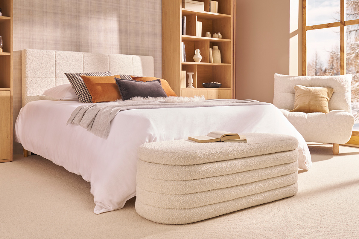 Banc coffre en tissu effet laine boucl�e blanc L125 cm NAVY
