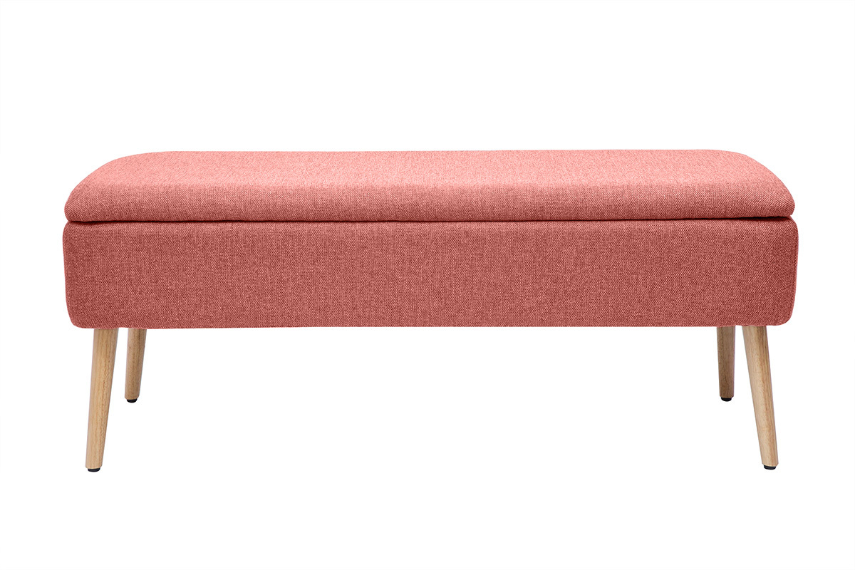 Banc coffre en tissu effet velours textur� terracotta et bois clair massif L120 cm LARS