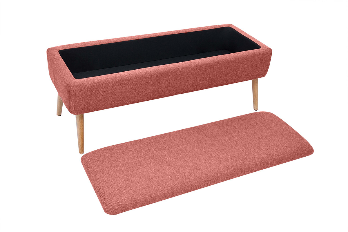 Banc coffre en tissu effet velours textur� terracotta et bois clair massif L120 cm LARS