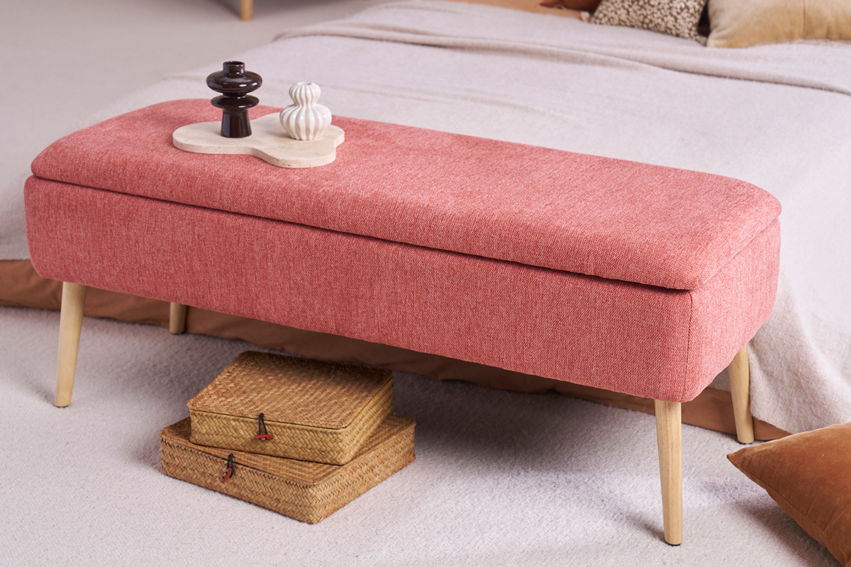 Banc coffre en tissu effet velours textur� terracotta et bois clair massif L120 cm LARS