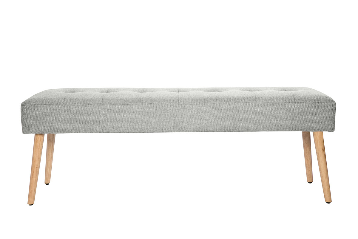 Banc scandinave capitonn� en tissu effet velours textur� gris clair et bois clair L130 cm GUESTA