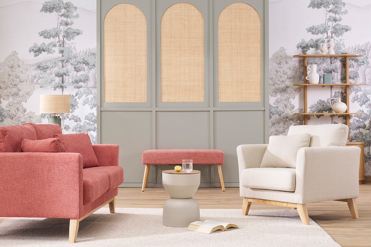 Banc scandinave capitonn� en tissu effet velours textur� terracotta et bois clair L96 cm GUESTA