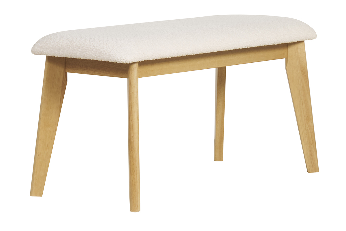 Banc scandinave en tissu effet laine boucl�e blanc et bois clair L92 cm ELION