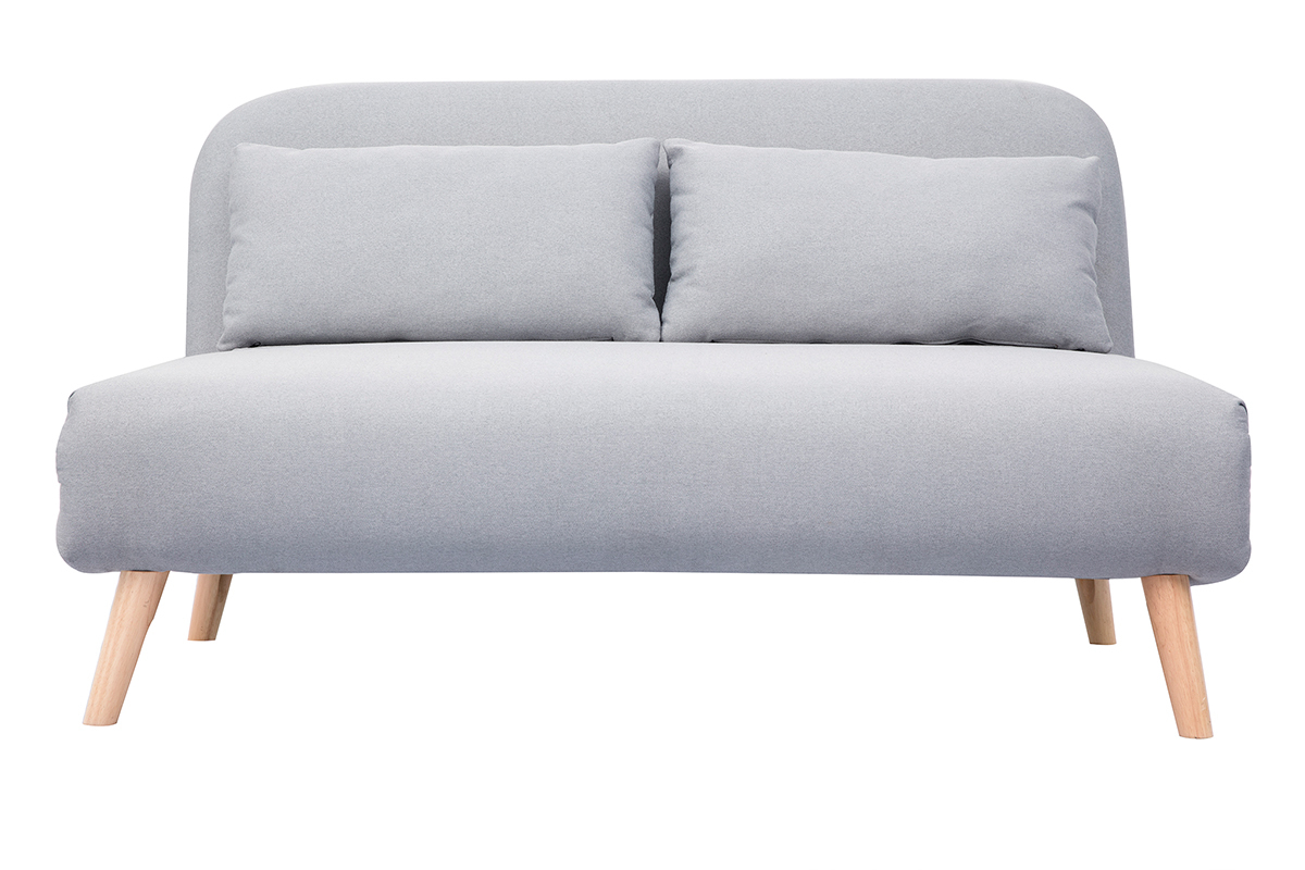 Banquette convertible 2 places en tissu gris clair avec coussins, vue de face.