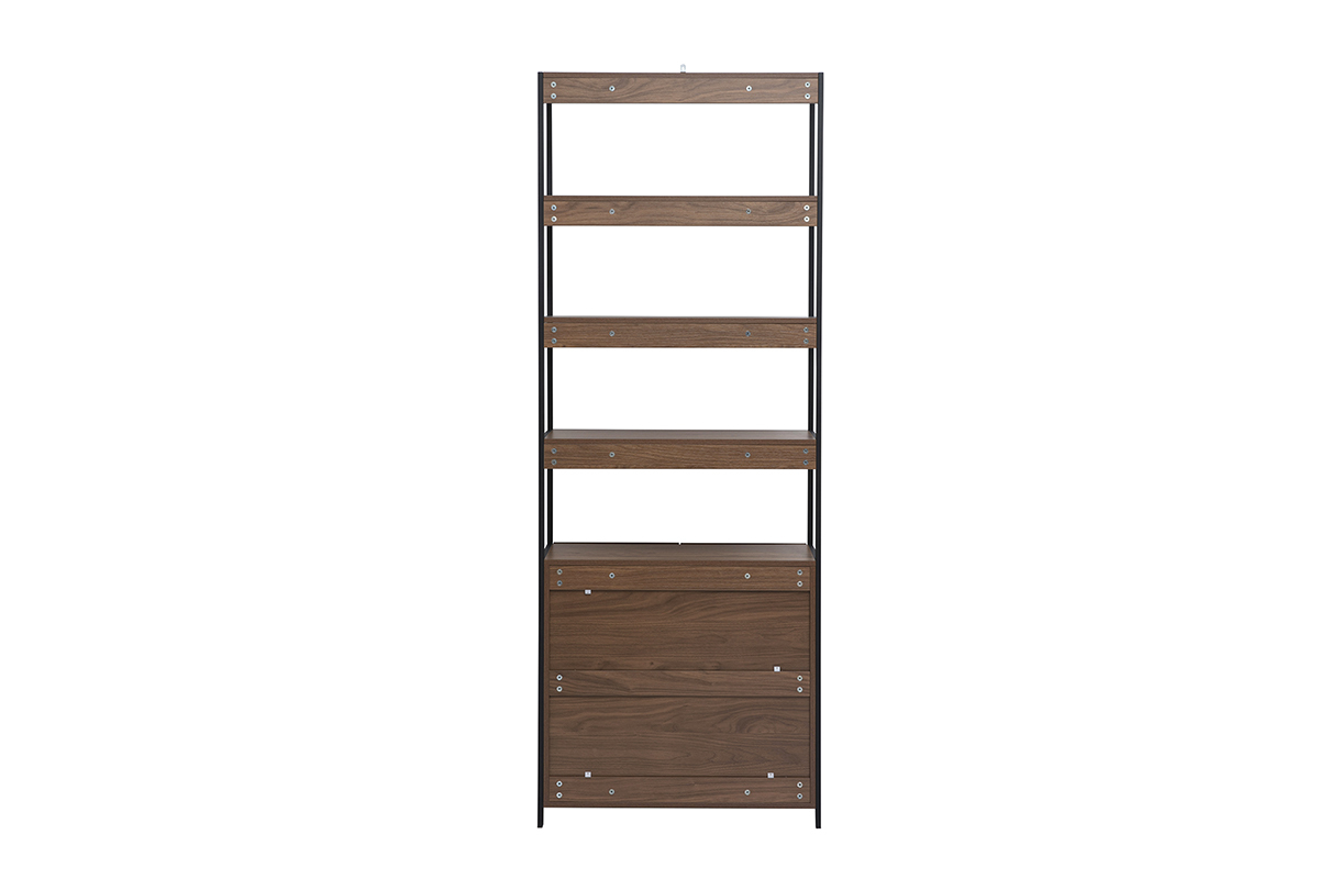 Biblioth�que MAXENCE en bois fonc�, m�tal noir, vue de dos, avec �tag�res ouvertes et rangement bas.