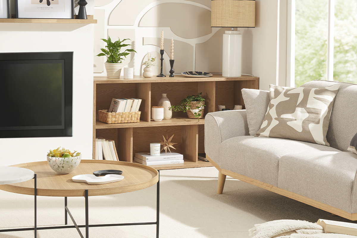 Biblioth�que basse finition bois clair ch�ne L140 cm EPURE