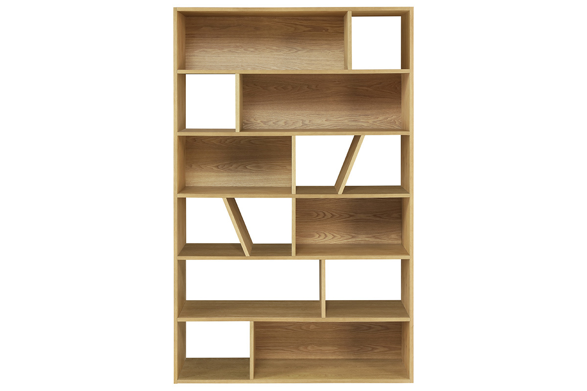 Biblioth�que design en bois clair avec rangements asym�triques vue de face.