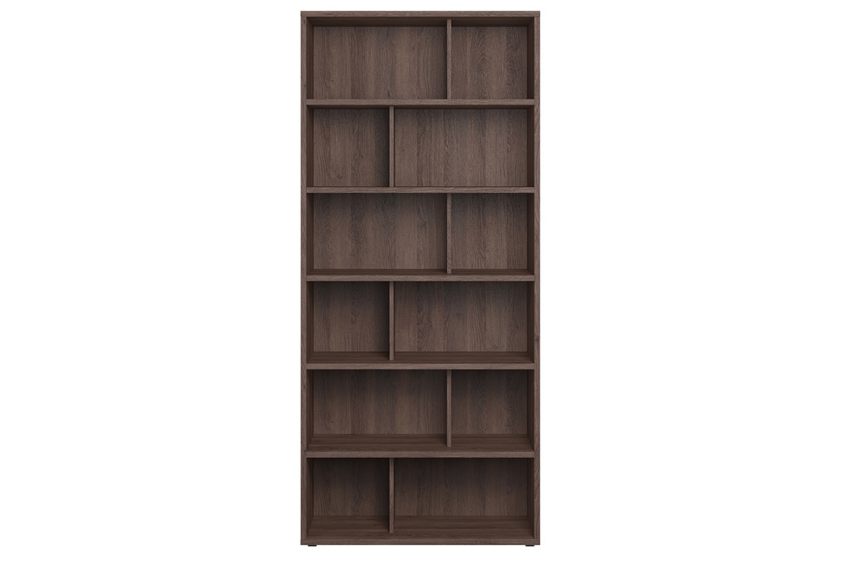 Biblioth�que bois fonc� noyer EPURE L92 cm avec 12 casiers de rangement, vue de face.