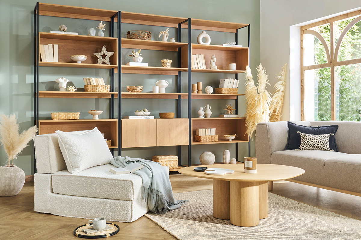 Biblioth�que �tag�re avec rangement ferm� finition bois clair ch�ne et m�tal noir L94 cm FLEA