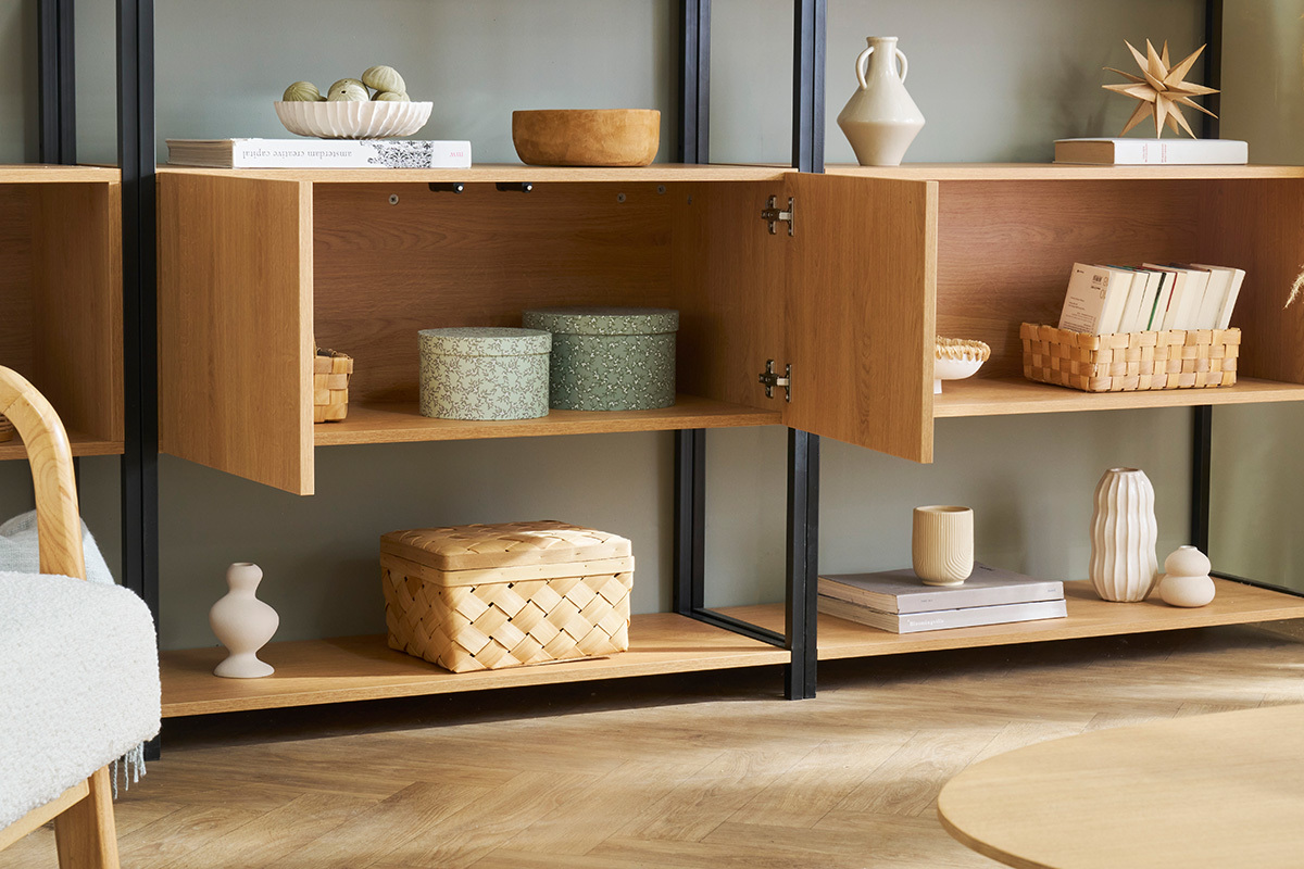 Biblioth�que �tag�re avec rangement ferm� finition bois clair ch�ne et m�tal noir L94 cm FLEA