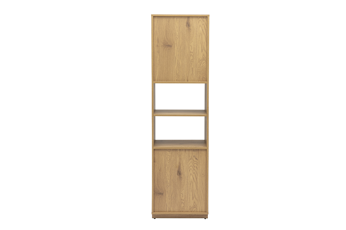 Biblioth�que en bois clair ch�ne avec �tag�res et rangements, vue de dos.