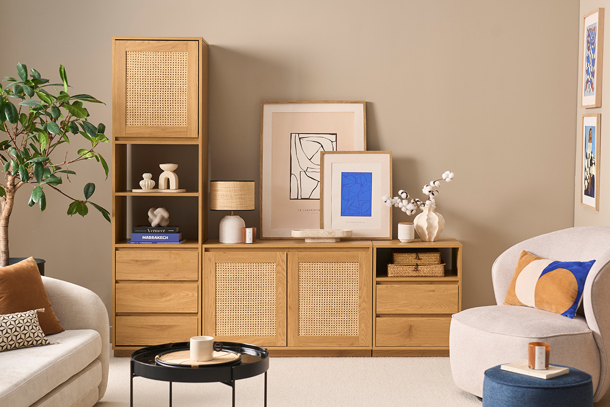 Biblioth�que �tag�re avec rangements finition bois clair ch�ne et cannage rotin L50 cm SEVILLE