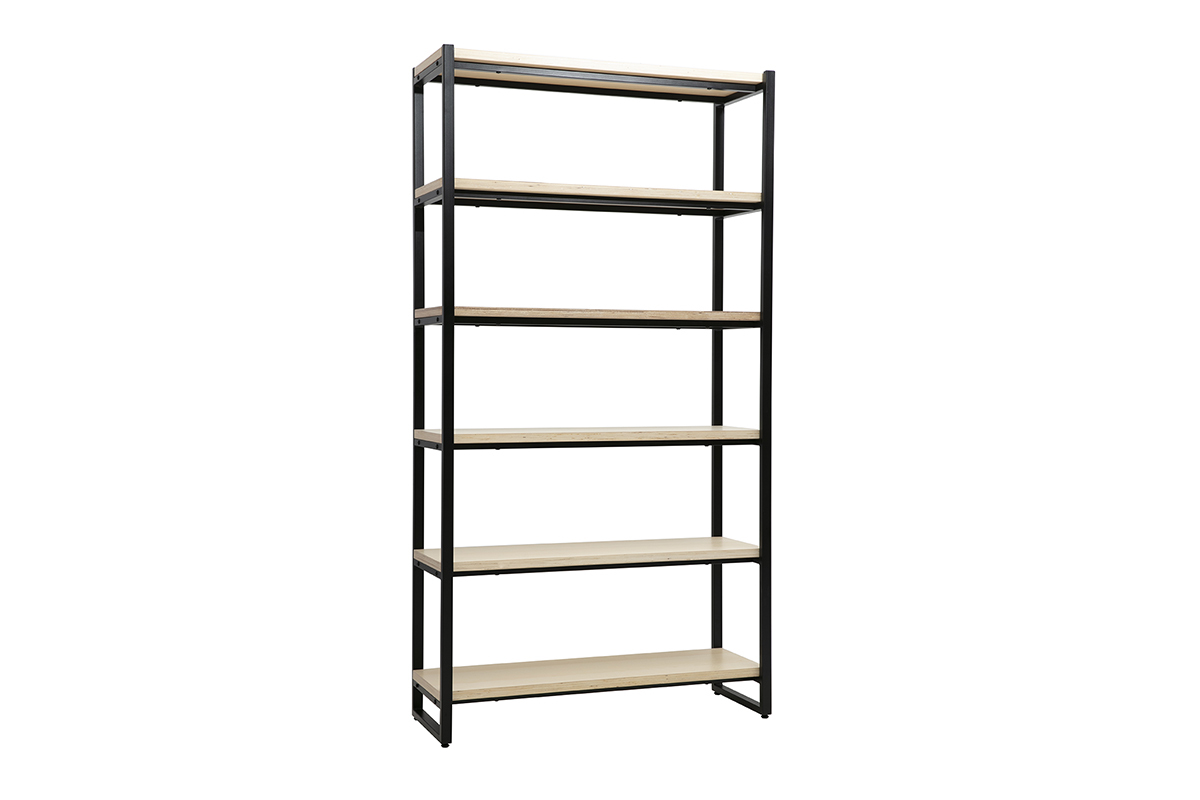 Biblioth�que industrielle ouverte en bois clair et m�tal noir L100 cm ARISTOTE