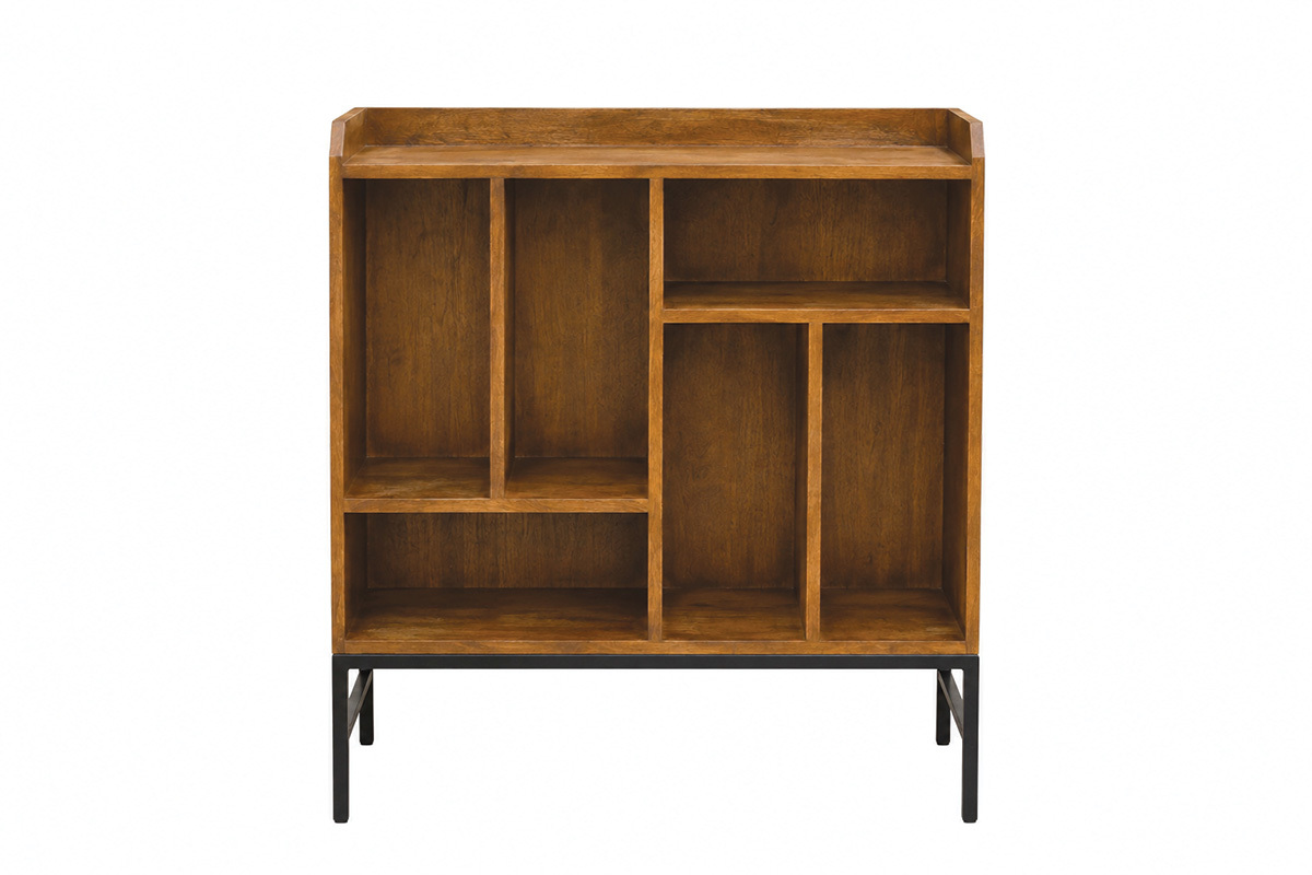 Buffet de rangement vinyles en bois massif et m�tal noir avec niches ouvertes, vue de face.