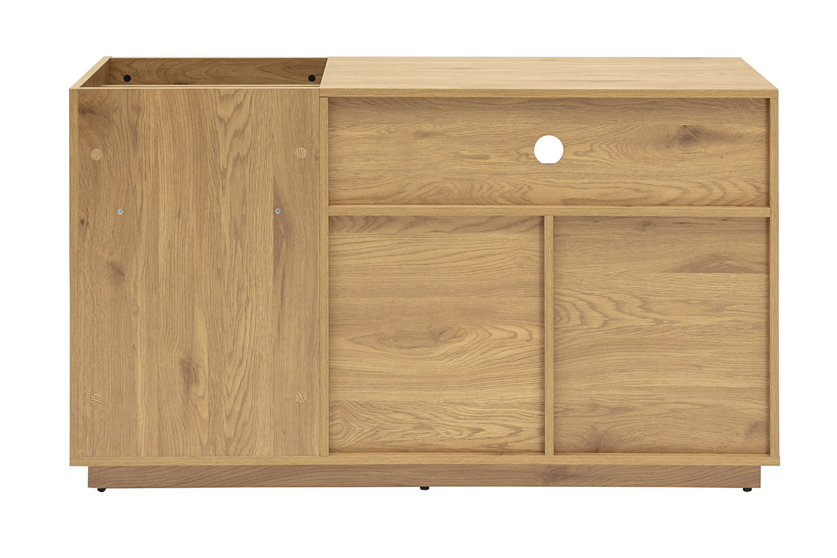 Buffet de rangement en bois clair ch�ne avec panneaux cannage rotin, vue de dos.