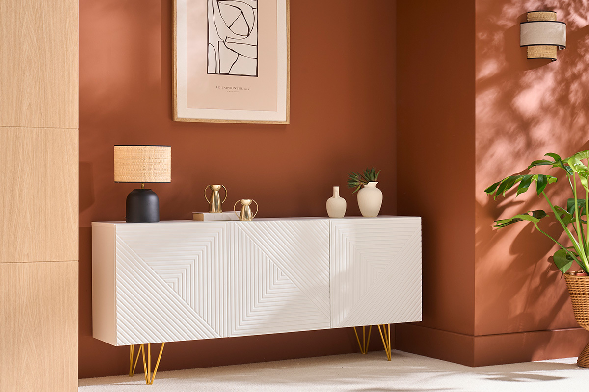 Buffet design blanc et m�tal dor� 3 portes L160 cm OZEN