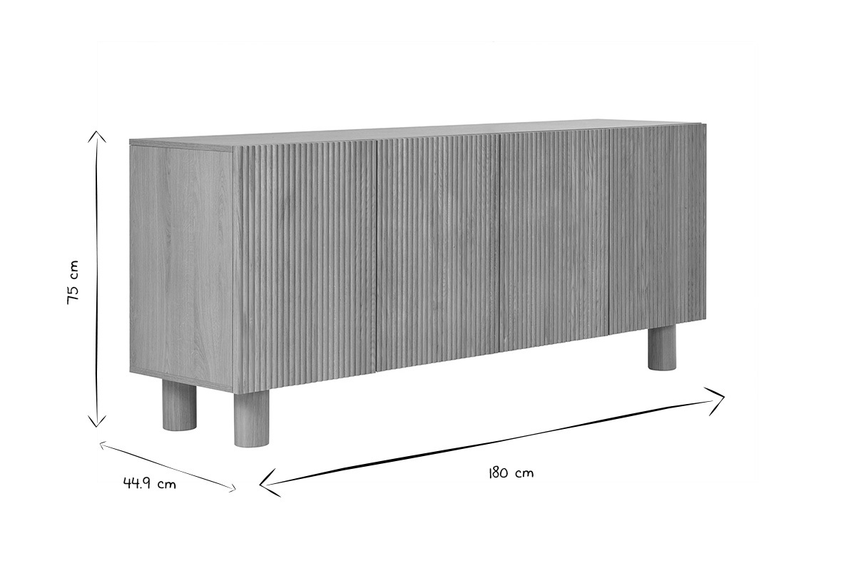 Buffet design en bois clair ch�ne massif grav� 4 portes L180 cm GOSHI