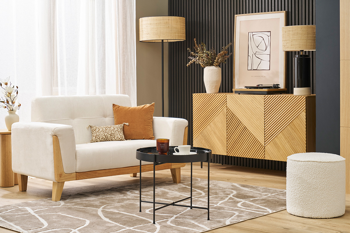 Buffet design en bois clair ch�ne massif grav� et m�tal noir 3 portes L135 cm ARCHIPEL