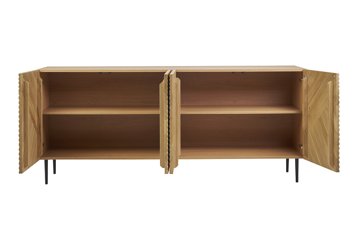 Buffet design en bois clair ch�ne massif grav� et m�tal noir 4 portes L180 cm ARCHIPEL