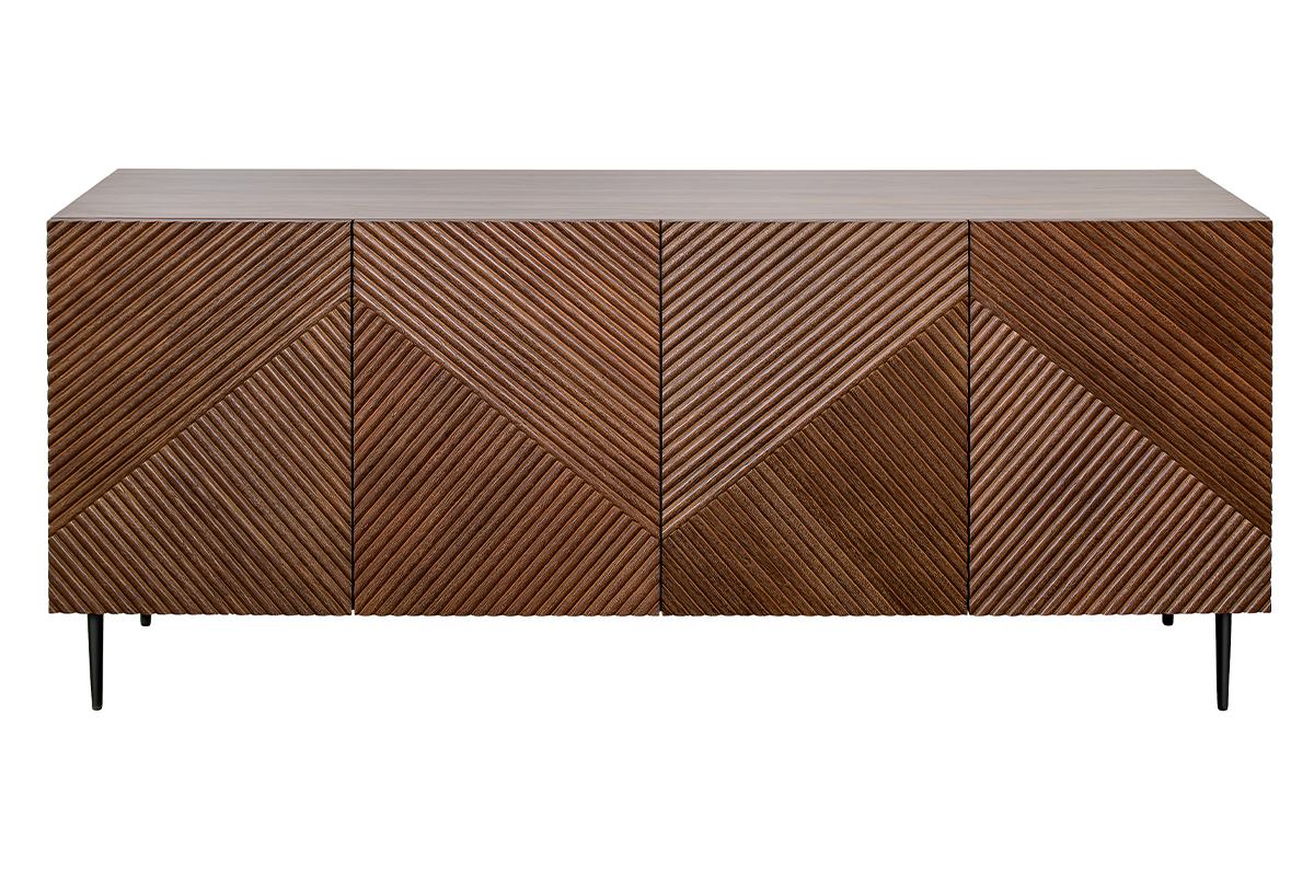 Buffet design en bois fonc� ch�ne massif grav� et m�tal noir 4 portes L180 cm ARCHIPEL