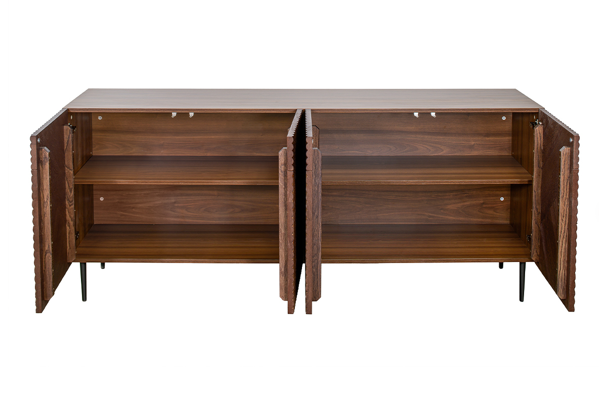 Buffet design en bois fonc� ch�ne massif grav� et m�tal noir 4 portes L180 cm ARCHIPEL