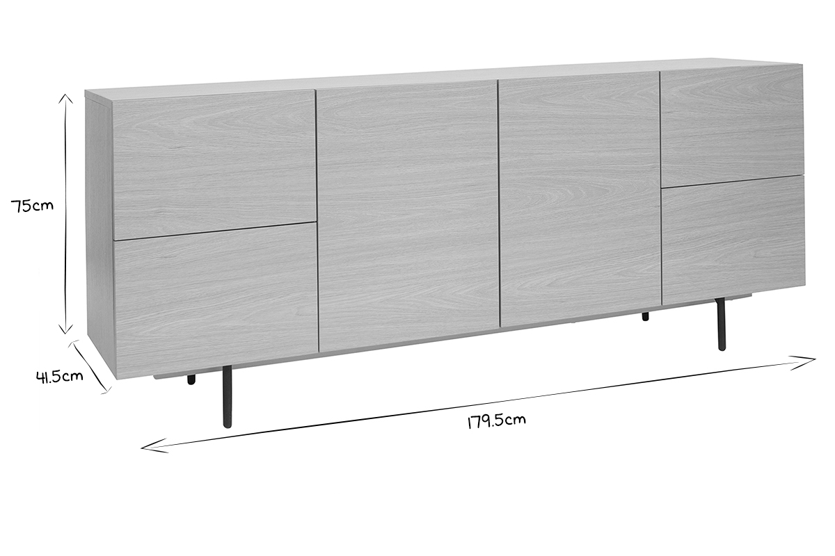 Buffet design finition bois clair ch�ne et m�tal noir 2 portes 4 tiroirs L180 cm ALASKA