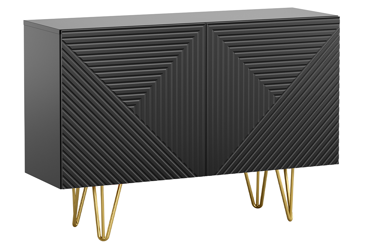 Buffet design grav� noir et m�tal dor� 2 portes L107 cm OZEN