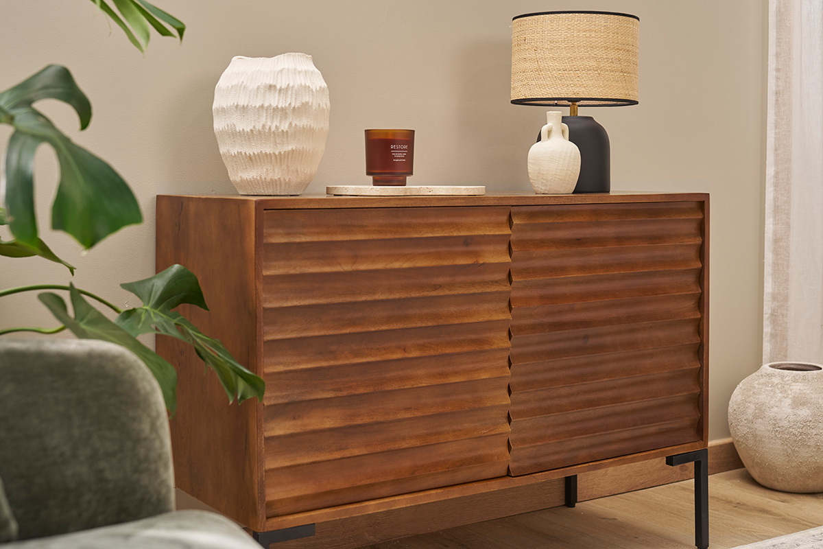 Buffet en bois fonc� manguier massif et m�tal noir 2 portes L100 cm ONDA