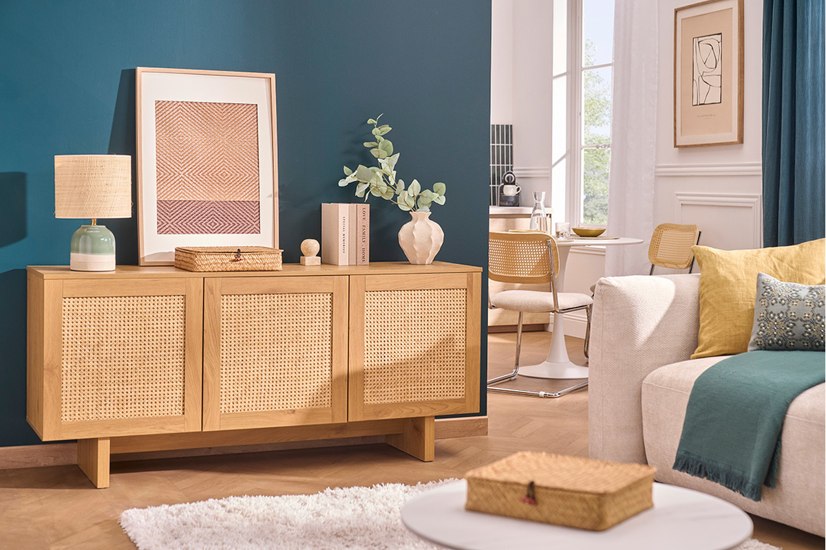 Buffet finition bois clair ch�ne et cannage rotin 3 portes L160 cm HERA