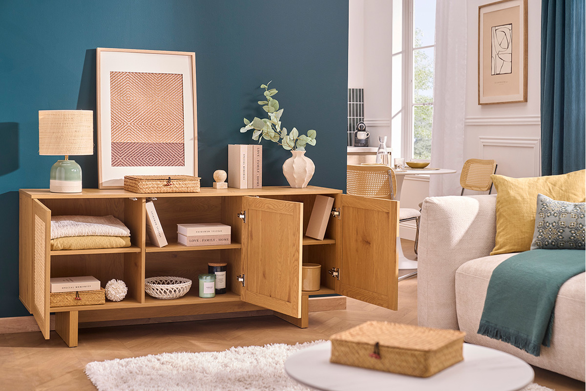 Buffet finition bois clair ch�ne et cannage rotin 3 portes L160 cm HERA