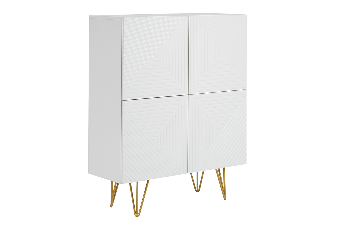 Buffet haut design grav� blanc mat et m�tal dor� 4 portes L86 cm OZEN
