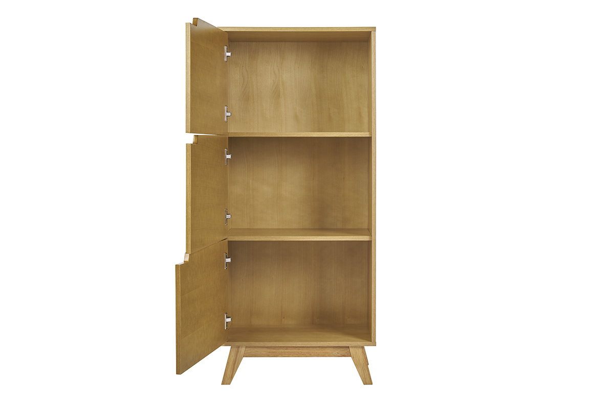 Buffet haut scandinave en bois clair h�v�a avec trois portes ouvertes, mod�le LEENA.