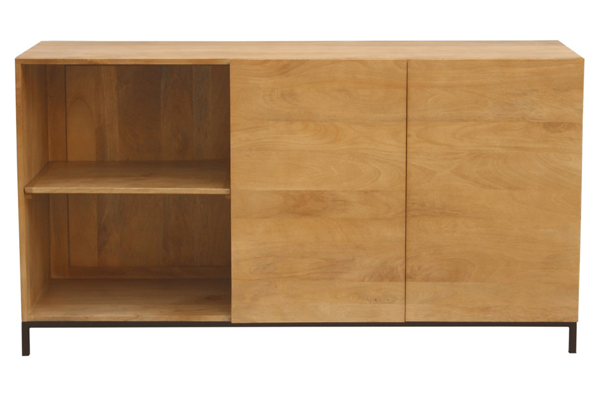 Buffet industriel en bois manguier massif avec 2 portes et 2 niches ouvertes, vue de face