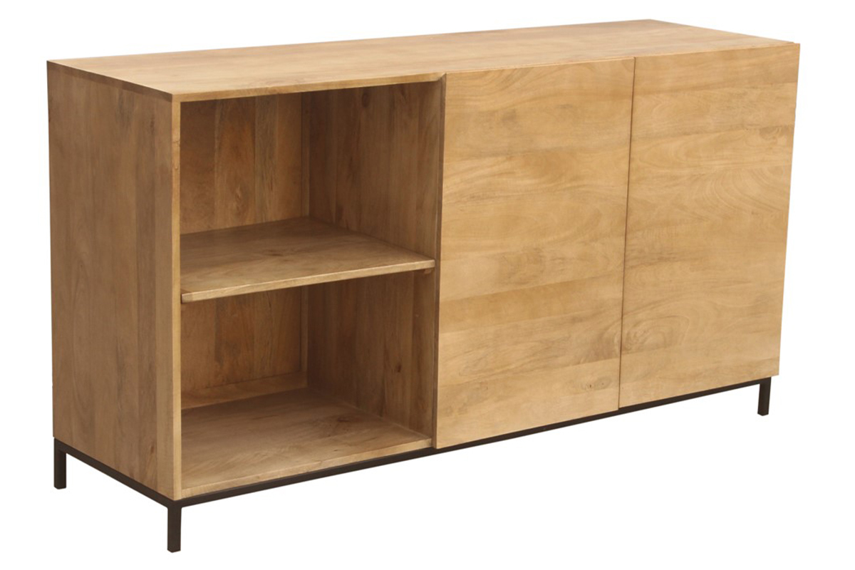 Buffet industriel en bois manguier avec 2 portes et 2 niches ouvertes, vue de 3/4