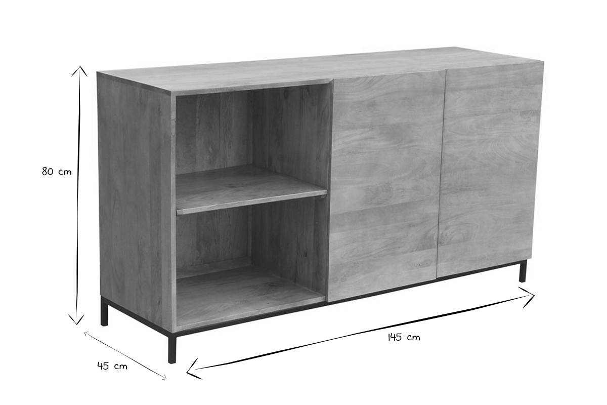 Buffet en bois manguier massif et m�tal noir, dimensions L145 x P45 x H80 cm en noir et blanc.