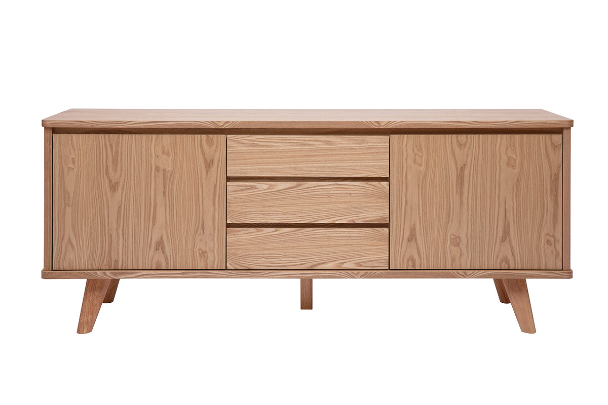 Buffet scandinave en bois clair fr�ne, 2 portes et 3 tiroirs, vue de face.