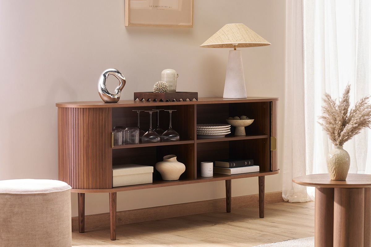 Buffet vintage en bois fonc� noyer 2 portes coulissantes L160 cm EPIC