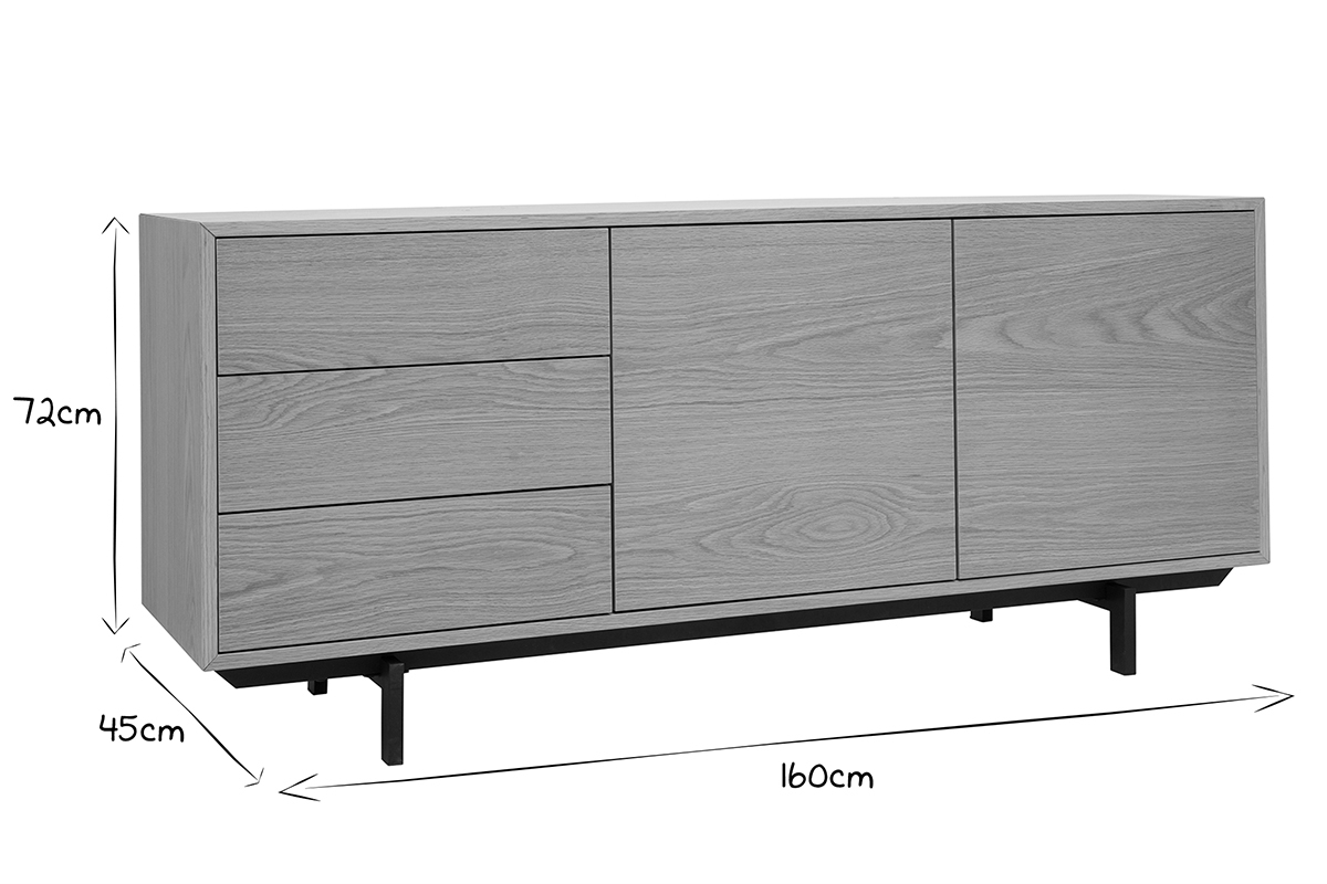 Buffet vintage finition bois ch�ne 2 portes 3 tiroirs L160 cm MANNY