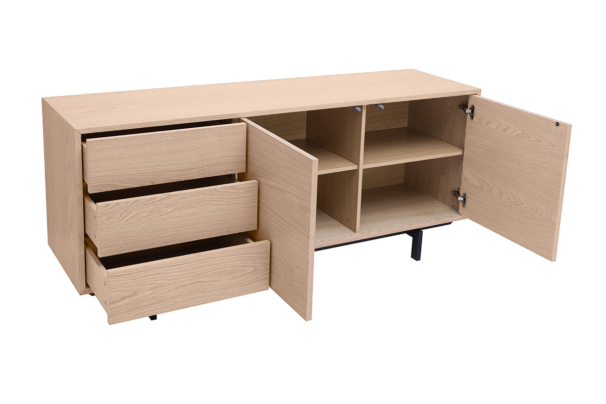 Buffet vintage finition bois ch�ne 2 portes 3 tiroirs L160 cm MANNY