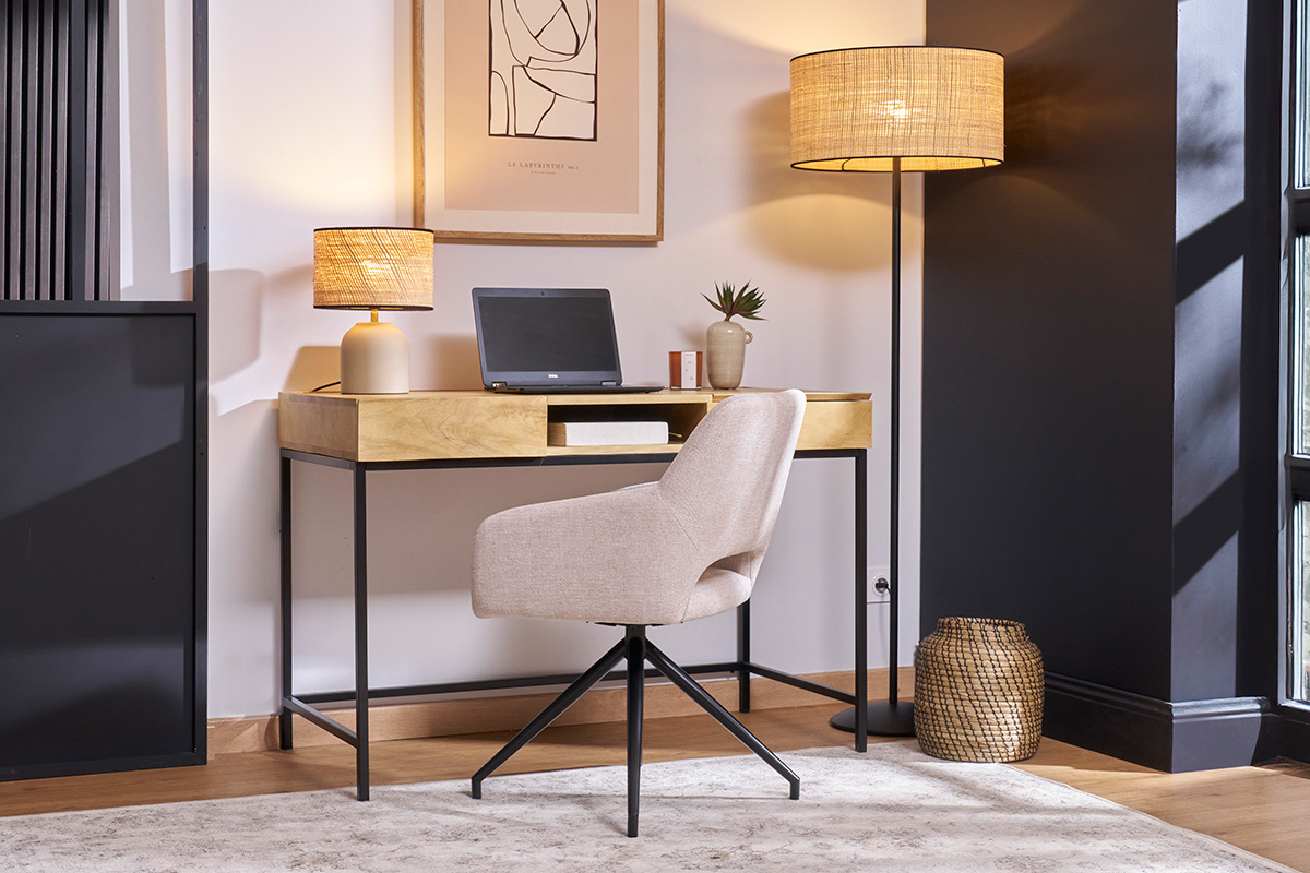 Bureau � rangements industriel bois manguier massif et m�tal noir L118 cm YPSTER