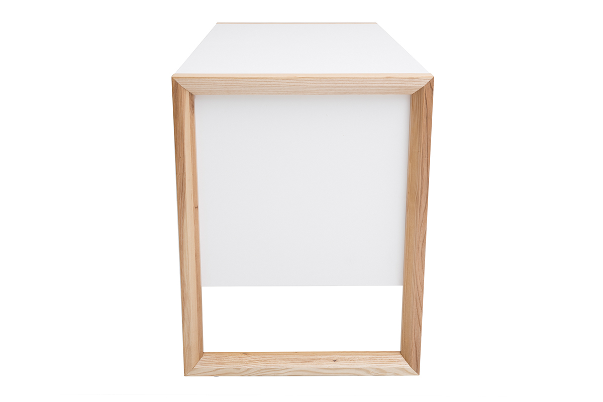 Bureau avec rangements 3 tiroirs scandinave blanc mat et bois clair fr�ne massif L130 cm ARMEL