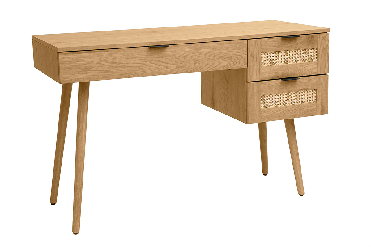 Bureau finition bois clair, cannage rotin et m�tal noir 3 tiroirs L120 cm MANILLE