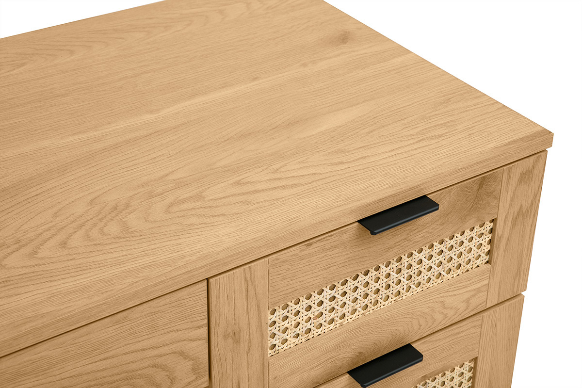Bureau finition bois clair, cannage rotin et m�tal noir 3 tiroirs L120 cm MANILLE