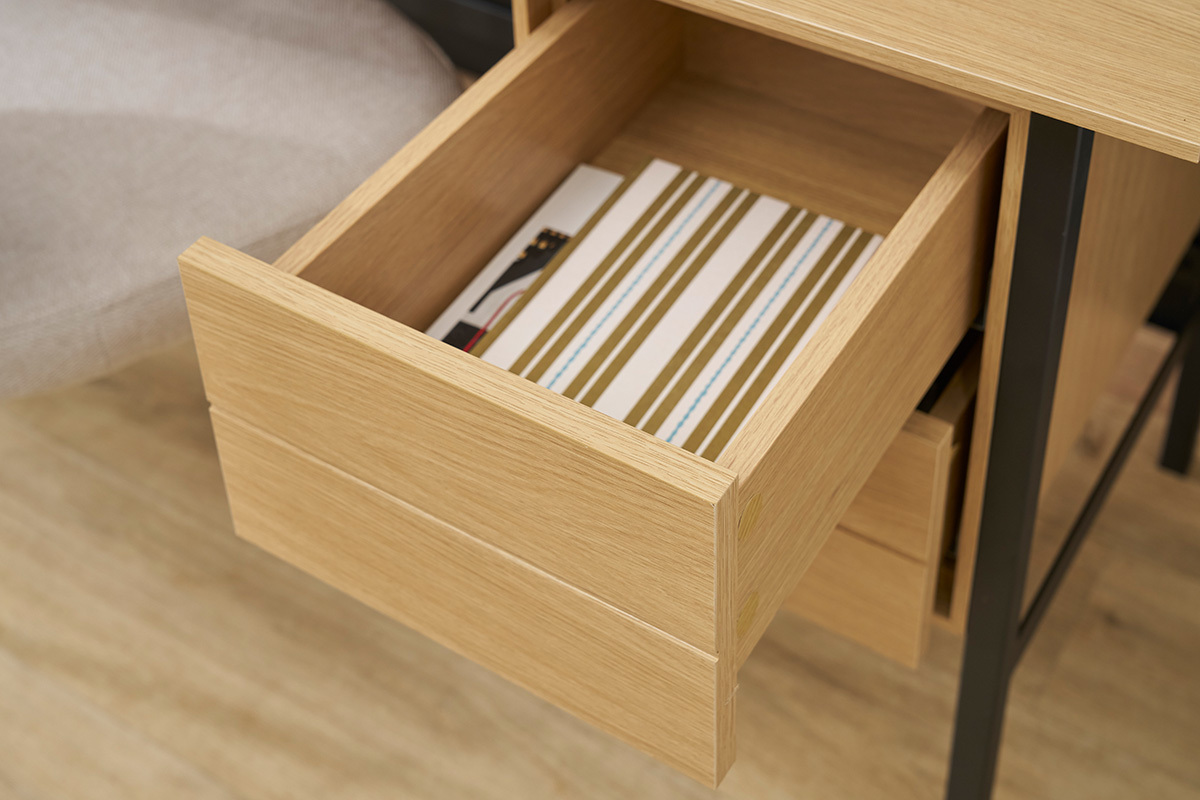 Bureau industriel finition bois ch�ne et m�tal noir avec rangements 2 tiroirs L120 cm MAXENCE