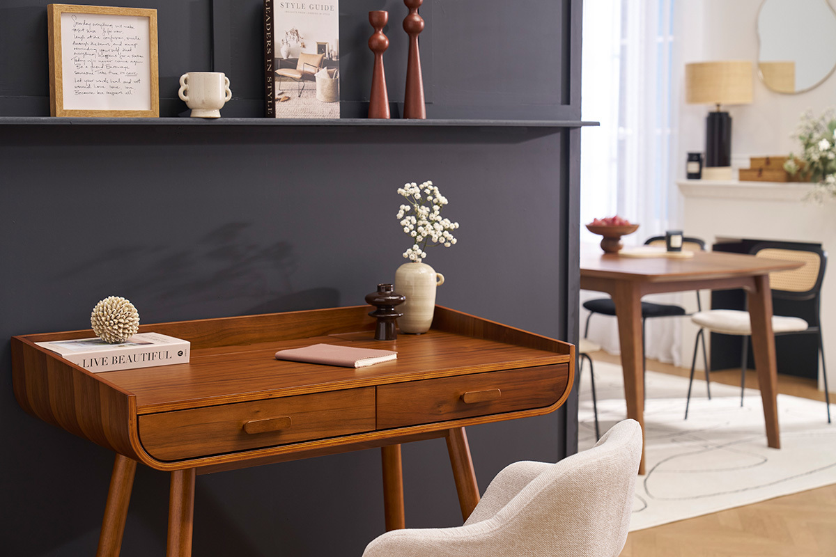 Bureau scandinave bois fonc� avec rangements 2 tiroirs L100 cm HALLEN