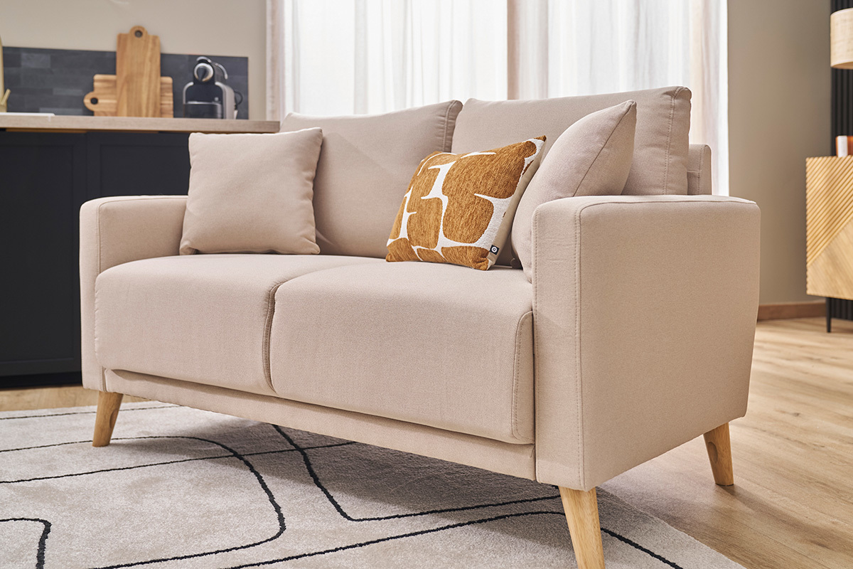 Canap� 2 places en tissu beige et bois clair MUNIK