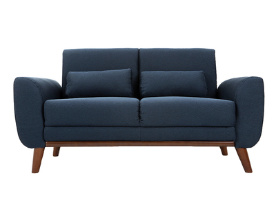 Canap&eacute; 2 places en tissu bleu fonc&eacute; et bois fonc&eacute; EKTOR